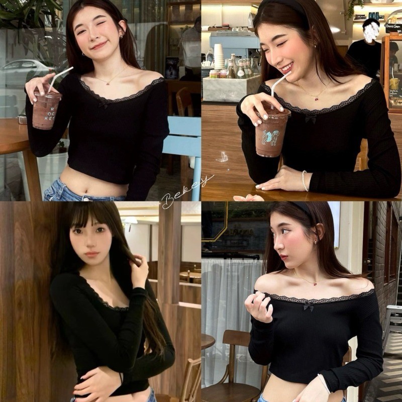 (จัดส่งจากกรุงเทพ ) เสื้อยืดแขนยาวทรงเข้ารูปปิดไหล่ โบว์ตกแต่ง ท็อปส์ซูผู้หญิงลูกไม้ Z202