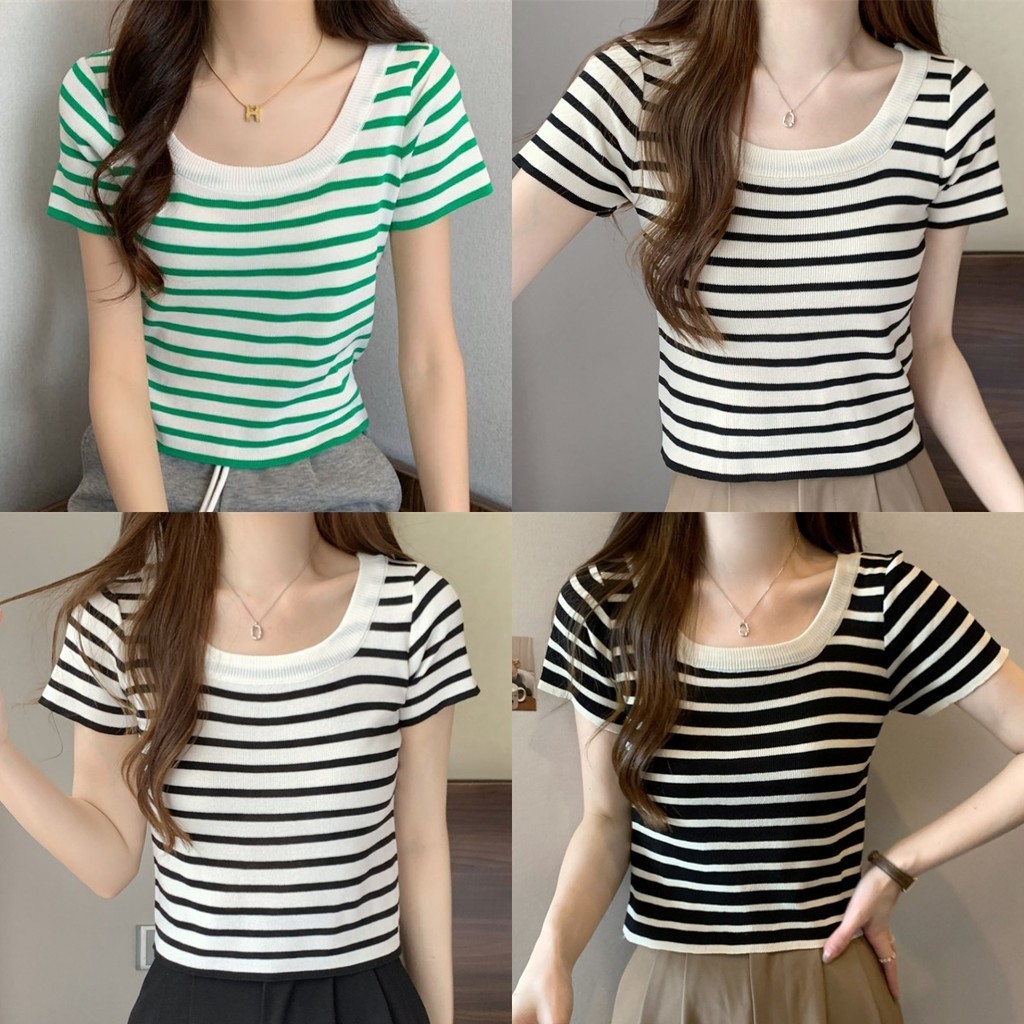 Suysuy พร้อมส่ง เสื้อยืด ไหมพรม คอยู ลายทาง นุ่มสบาย แมทส์ง่าย