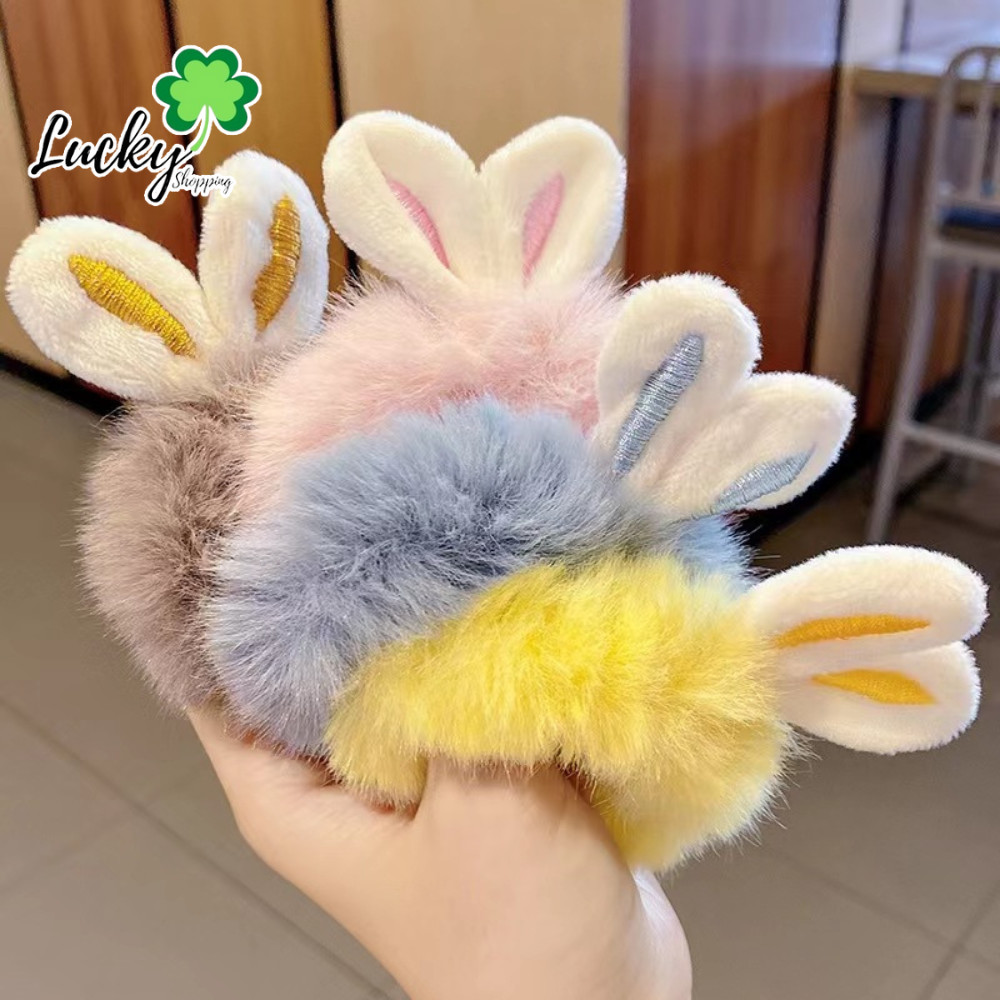 Luckyshop ยางมัดผมขนฟูนุ่มนิ่ม มีหูกระต่าย ยางรัดผมมีขน ขนฟูนุ่มๆ