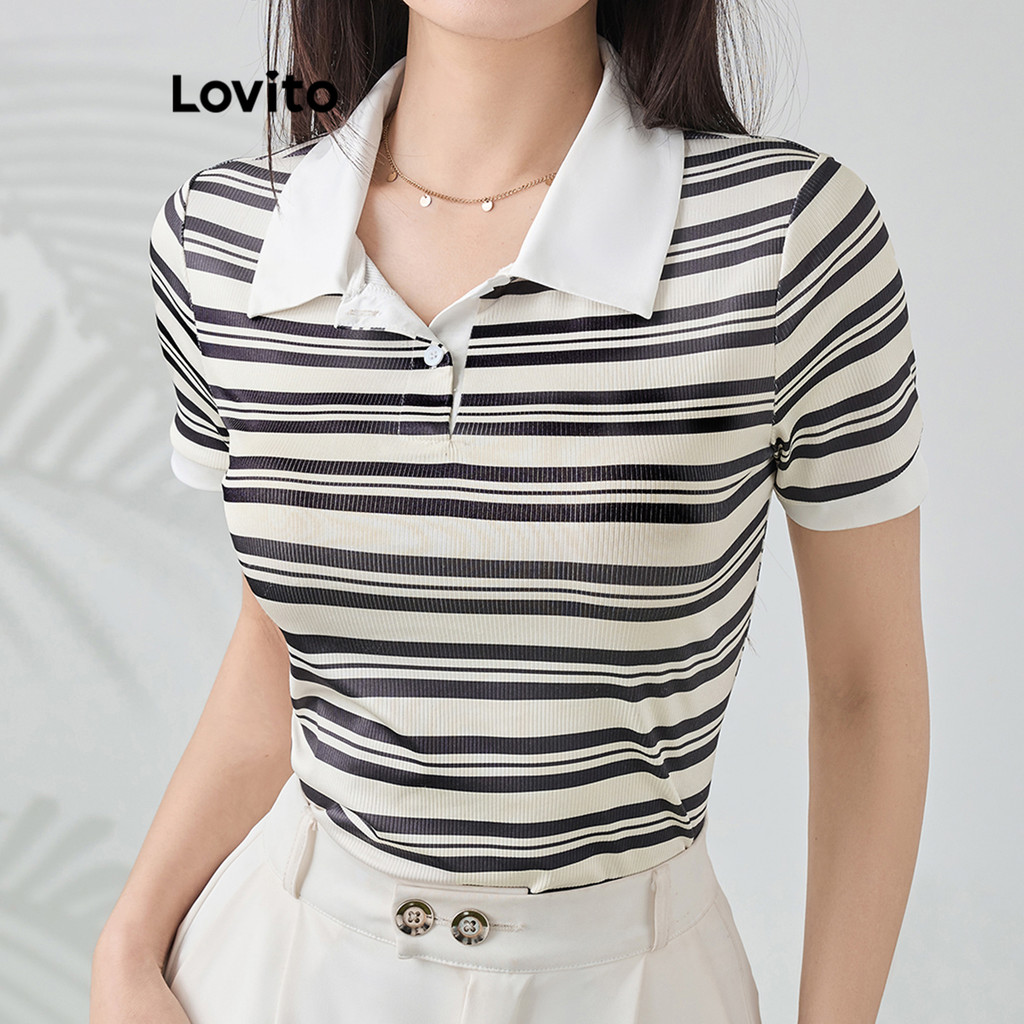 Lovito เสื้อยืดลําลอง บล็อกสี ลายทาง สําหรับผู้หญิง L113MD235