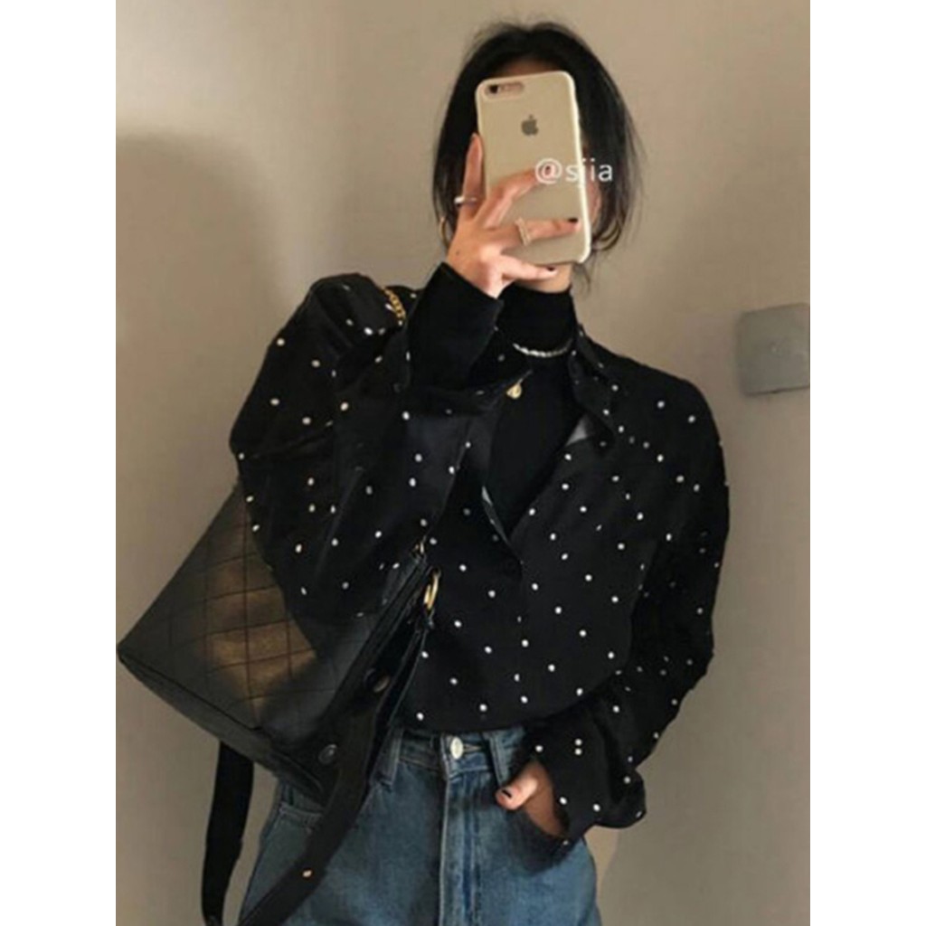 เกาหลีเกาหลีฤดูใบไม้ผลิ Retro Hepburn สไตล์ Lapel Contrast สี Polka Dot ออกแบบหลวมสบายๆ All-Match เสื้อแขนยาวหญิง Cheerful Followers B - รูปที่ 3
