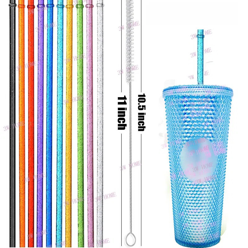 พลาสติกแบบใช้ซ้ําได้ Glitter หลอดใส, 7.3 มม.* 27 ซม.ที่มีสีสัน Hard พลาสติก Tumbler เปลี่ยนหลอดสําหรับ Satarbuck ถ้วย