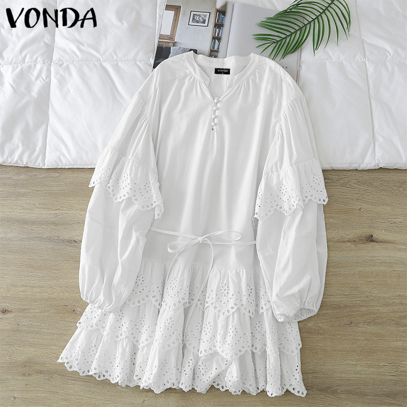 Vonda ผู้หญิงเกาหลี Hollow เย็บปักถักร้อยแขนโคมไฟ Cinched เอว V คอ Ruffle Edge กระโปรง — صورة 4