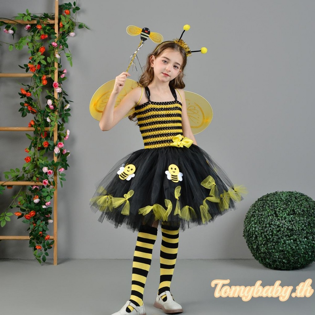 Tomybaby-ชุดคอสเพลย์ผึ้งสำหรับเด็กผู้หญิง เดรสผ้าทูลแขนกุด + ที่คาดผม + ปลอกขา + ชุดปีกไม้กายสิทธิ์
