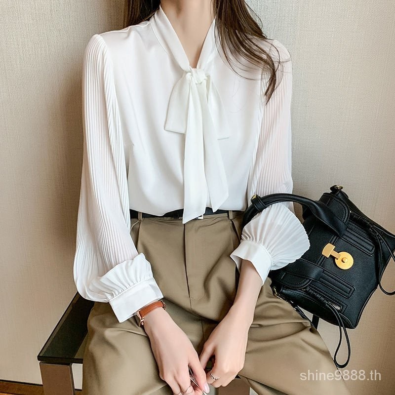 เสื้อเชิ้ตแขนยาว คอผูกโบว์ ผ้าชีฟอง ทรงหลวม สีขาว แฟชั่นฤดูใบไม้ร่วง สไตล์ตะวันตก สําหรับผู้หญิง 2023