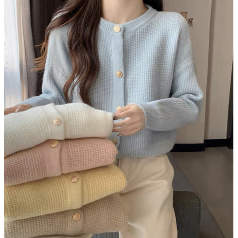 เสื้อแจ็กเก็ตคาร์ดิแกนกันหนาว คอกลม ผ้าถัก แบบนิ่ม ขนาดเล็ก สําหรับผู้หญิง