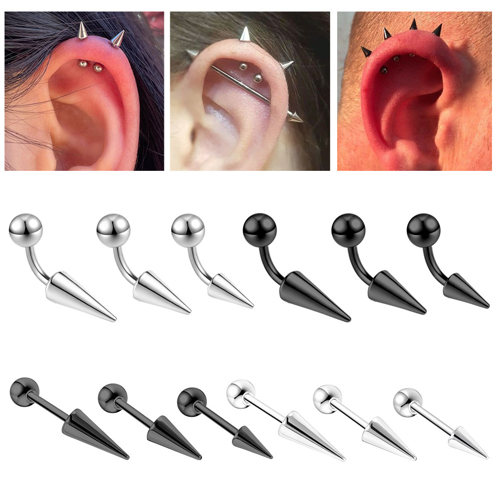 1 PC 18G สแตนเลสสตีลหู Punk ยาว Spike Eyebrow แหวนกระดูกอ่อน Helix เจาะเครื่องประดับโค้ง Barbell Rook เจาะ