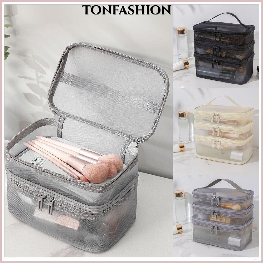 Tonfashion กระเป๋าเครื่องสําอาง ผ้าตาข่ายใส 1 2 3 ชั้น ความจุขนาดใหญ่ อเนกประสงค์ สําหรับผู้หญิง