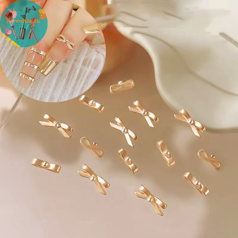 Renbg ริบบิ้นโบว์ ไข่มุก อัลลอย 3D สีทอง สีเงิน สําหรับตกแต่งเล็บ 10 ชิ้น
