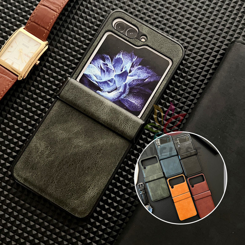 หรูหรา Crazy Horse รูปแบบหนังเคสโทรศัพท์ Samsung Galaxy Z Flip 7 Z Flip 6 7FE Z Flip 5 บานพับเต็มกัน