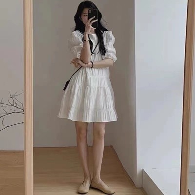Xiao ชุดเดรสกระโปรงสั้น แขนพัฟ จับจีบ ขนาดเล็ก สไตล์ฝรั่งเศส สําหรับสตรี X300