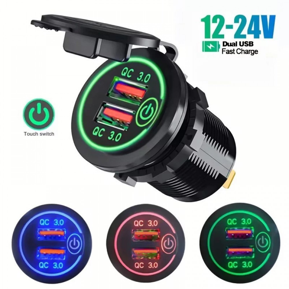 อะแดปเตอร์ซ็อกเก็ตชาร์จเร็ว QC 3.0 + PD USB พร้อมสวิตช์ สําหรับรถยนต์ รถจักรยานยนต์