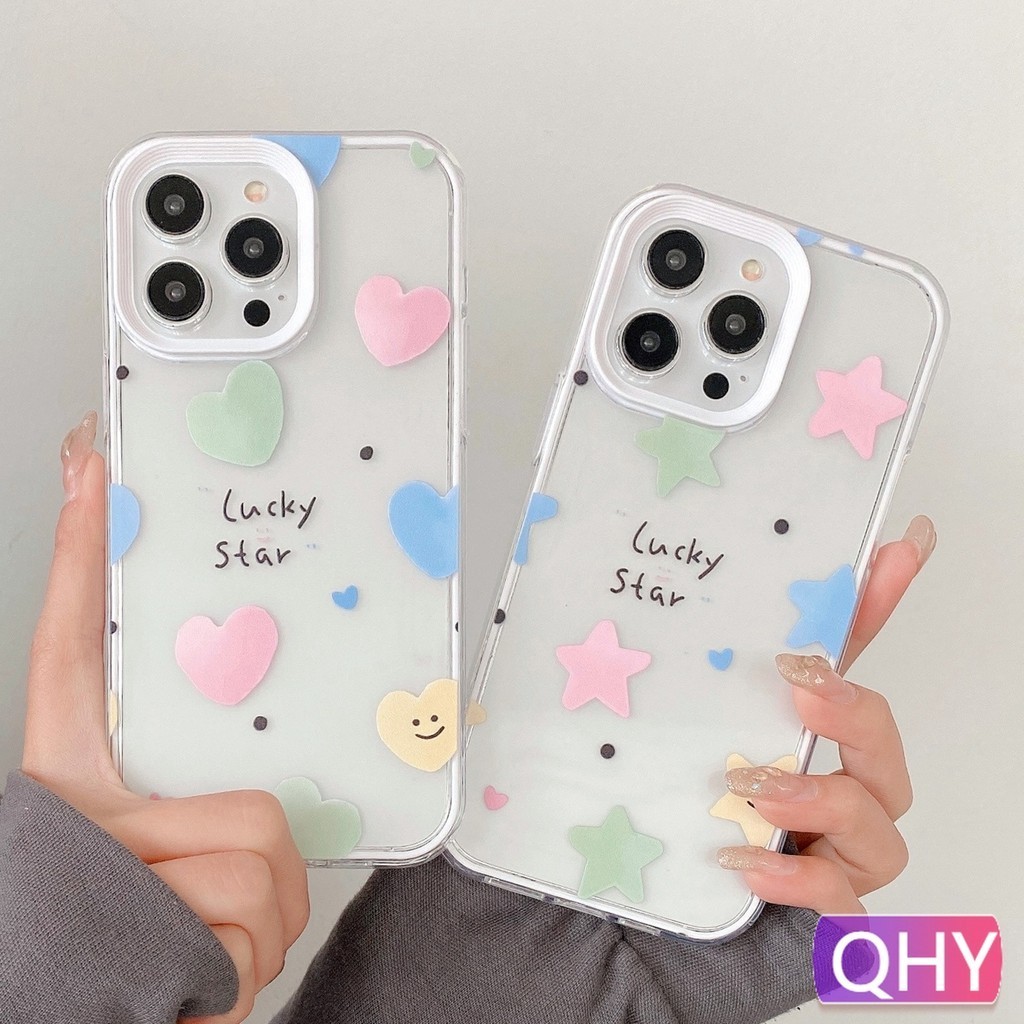 Qhy - super drop resistance หนาขอบสีขาว star รูปหัวใจรูปแบบเคสโทรศัพท์สําหรับ iphone 16 plus 15 14 6s 7 8 plus XR SE3 11 12 13 pro max 2 in 1