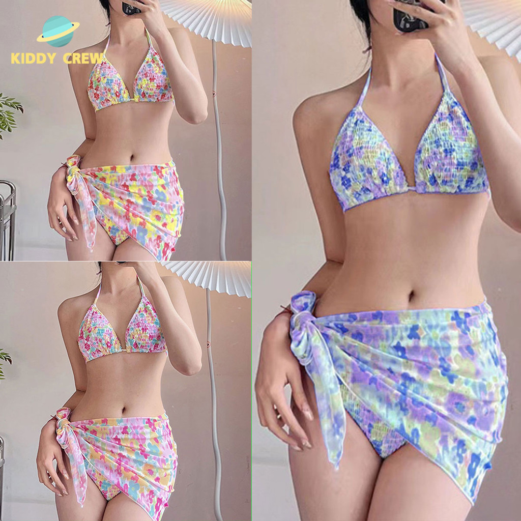 ชุดว่ายน้ำ บิกินี่ผ้าย่น ลายดอกไม้น่ารัก แบบเชือกผูก สีน่ารักมาก