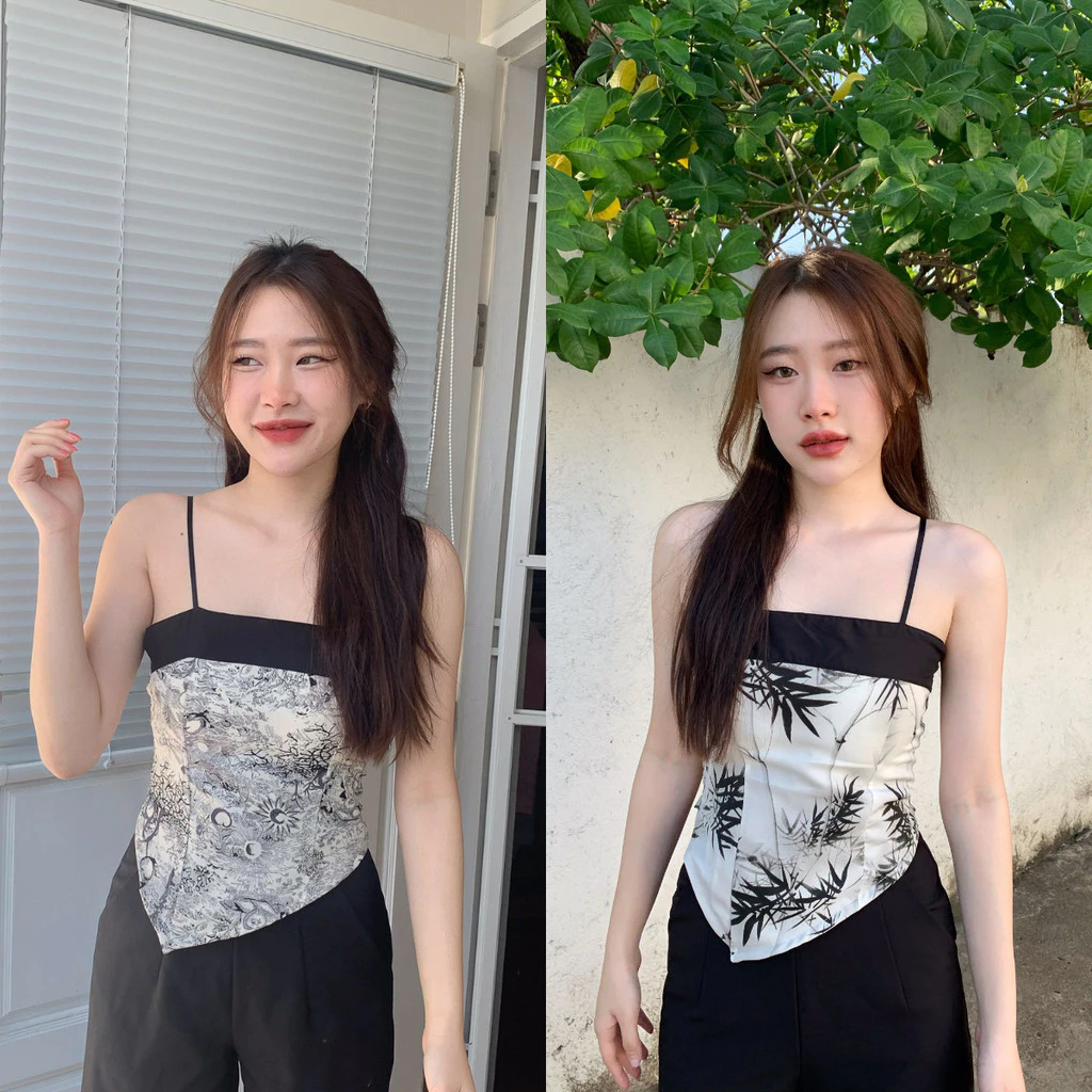 Aurora 🛒พร้อมส่ง🚚 (รูปถ่ายจากงานจริง) เสื้อสายเดี่ยว มีฟองน้ำ ลายใบไม้ สม็อคหลัง สีขาวดำครีม ดีเทลชาย ดูแพง bratop2280