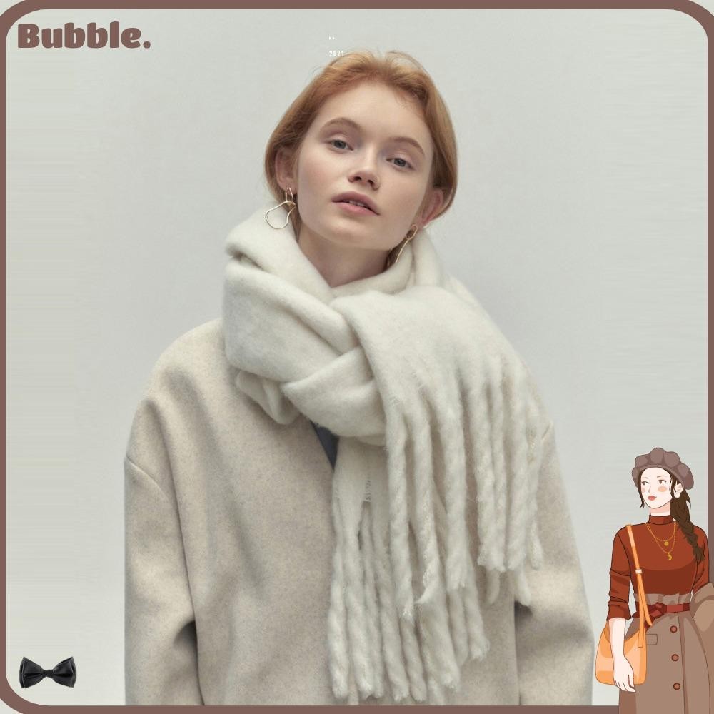 Bubble ผ้าคลุมไหล่ ผ้าพันคอ แบบหนา ประดับพู่ยาว สีพื้น ให้ความอบอุ่น บรรยากาศฤดูหนาว สําหรับผู้หญิง