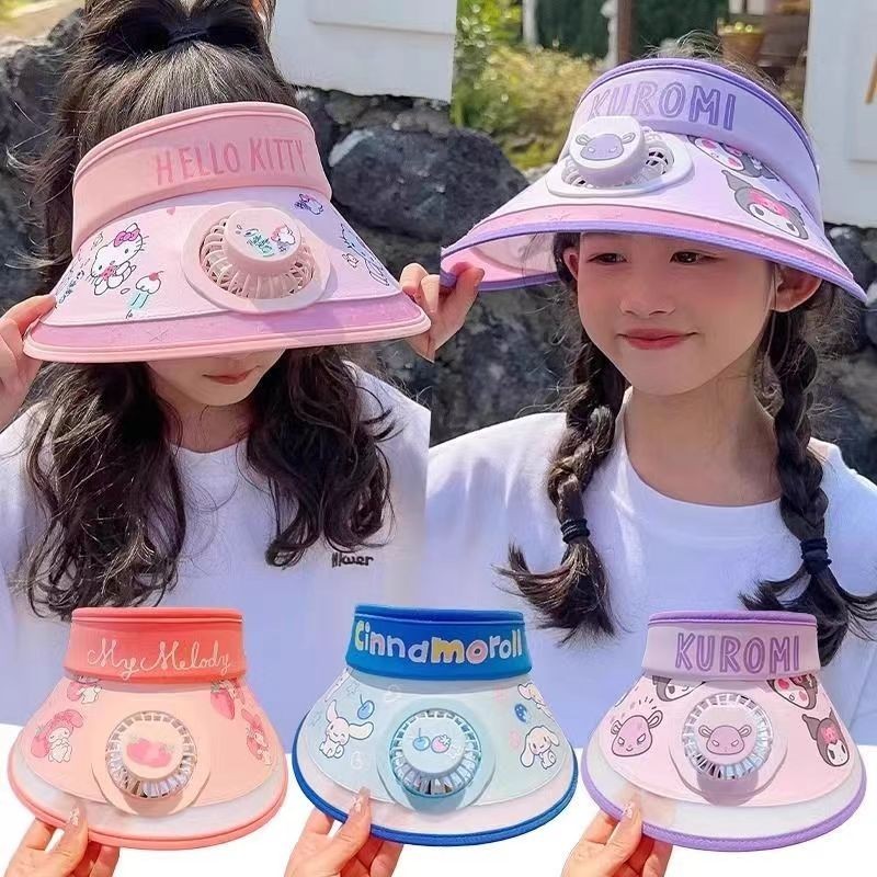 Sanrio Kuromi Cinnamoroll หมวกกันแดดเด็กพร้อมพัดลมไฟฟ้าแบบชาร์จไฟได้น่ารักฤดูร้อนเด็กทารกเด็กผู้หญิงหมวกกันแดด