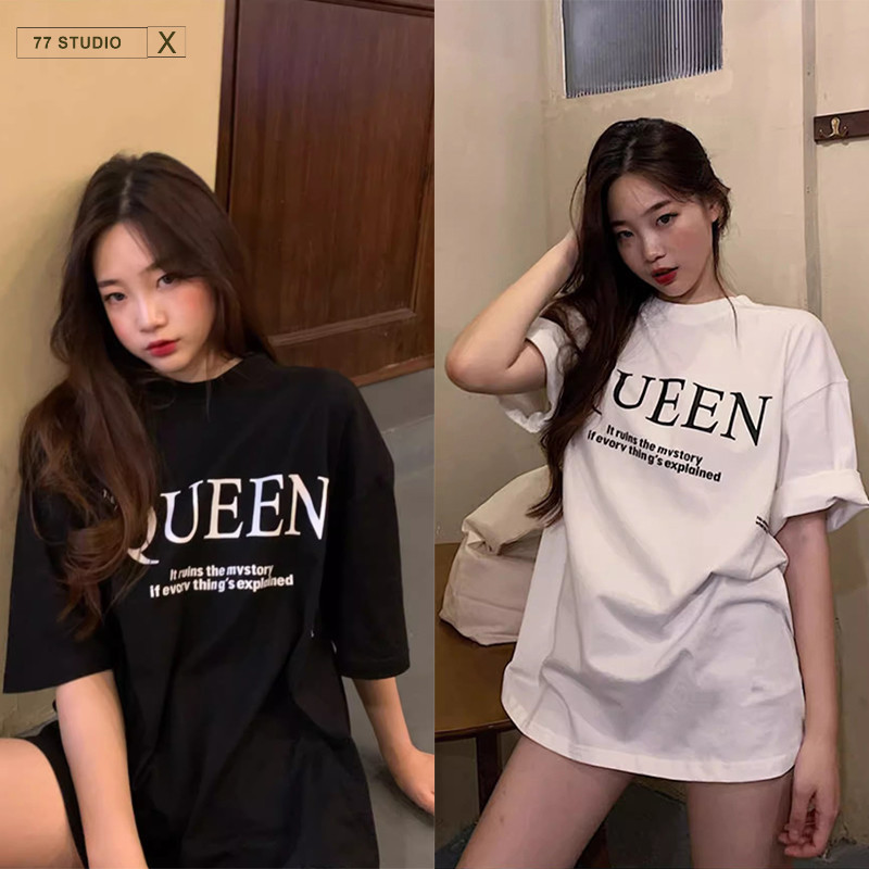 （พร้อมส่งจากกทม มาถึงใน 2วัน）เสื้อยืด Queen สไตล์เกาหลีน่ารัก โอเวอร์ไซส์เสื้อยืดผ้านิ่ม แขนสั้น เนื้อผ้าดีโปร่งสบาย