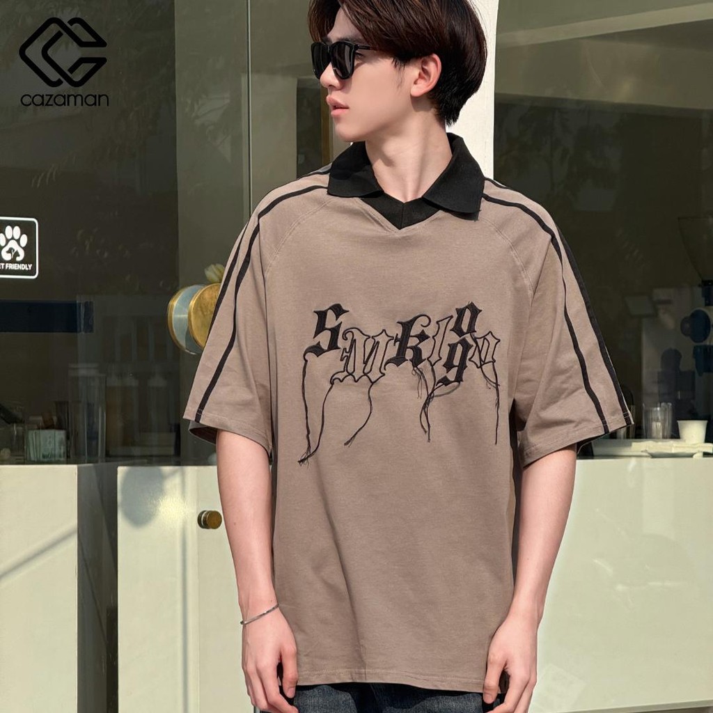 CAZAMAN เสื้อโอเวอร์ไซส์ เสื้อยืดคอกลม สีพื้น​ แขนสั้นสีขาว ทรงโอเวอร์ไซส์ 2174