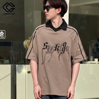 CAZAMAN เสื้อโอเวอร์ไซส์ เสื้อยืดคอกลม สีพื้น​ แขนสั้นสีขาว ทรงโอเวอร์ไซส์ 2174