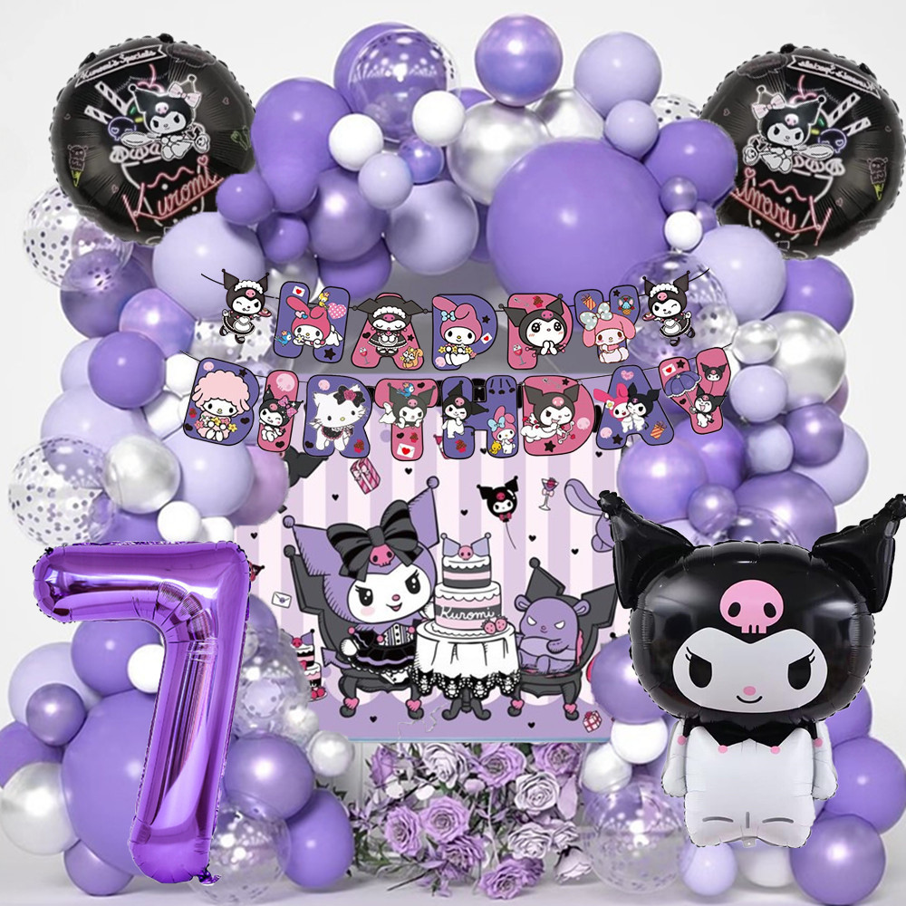 Kuromi Theme ฉากหลัง Gothic บอลลูนชุดตกแต่งวันเกิด 1-9 ฟอยล์ Kuromi Banner party ต้องการอุปทาน