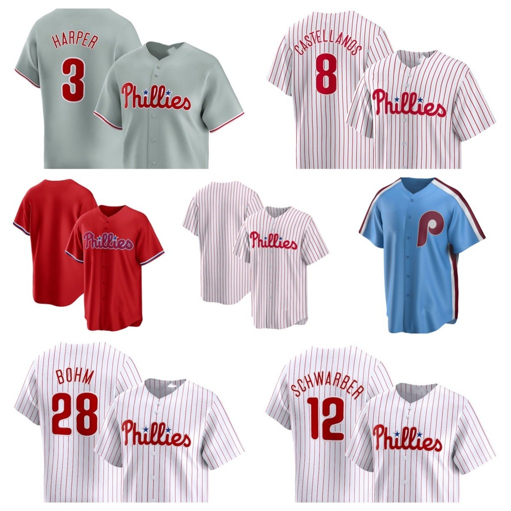 จัดส่งในวันเดียวกัน ชุดเบสบอล ชุดบอล Philadelphia Phillies รุ่นแฟนปักผู้ชาย