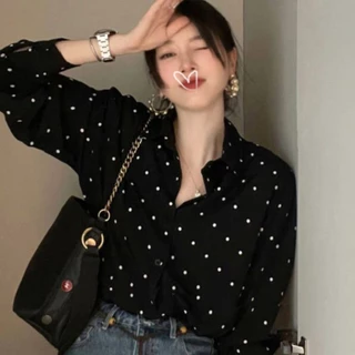 ชุดเสื้อเชิ้ตแขนยาวสไตล์เฮปเบิร์นย้อนยุคเกาหลี ปกสีบล็อก ลายจุด หลวม ลำลอง ใช้งานได้หลากหลาย สำหรับผู้หญิง P1CD