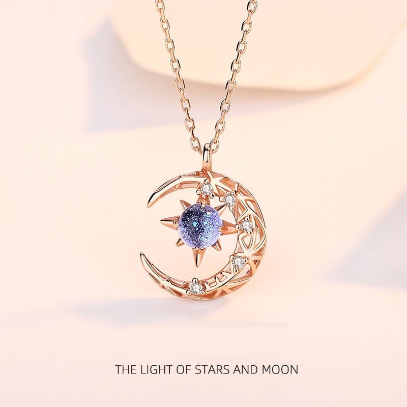 S925 เงินสเตอร์ลิงผู้หญิงแฟชั่น Star Moon จี้สร้อยคอ Collarbone Chain เครื่องประดับอุปกรณ์เสริม