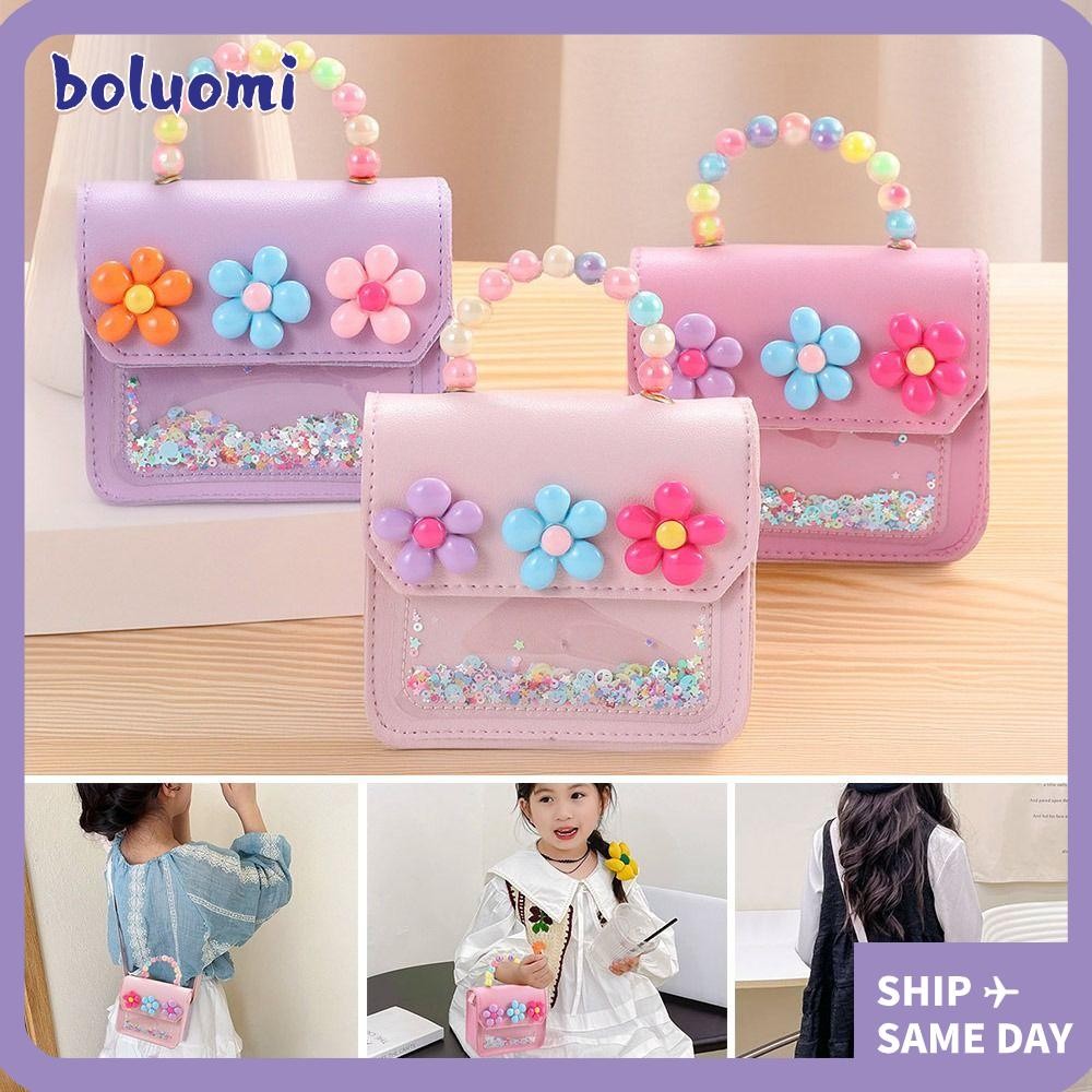 Bolumi กระเป๋า Messenger สําหรับเด็ก, กระเป๋าสะพายเด็กหนัง PU เงา, การ์ตูนสร้างสรรค์ดอกไม้น่ารักกระเป๋าถือมุก