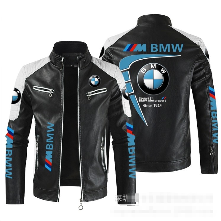 BMW leather jacket, stand-up collar zipper design, color matching, racing style F1, M3, M2, 435I, 32