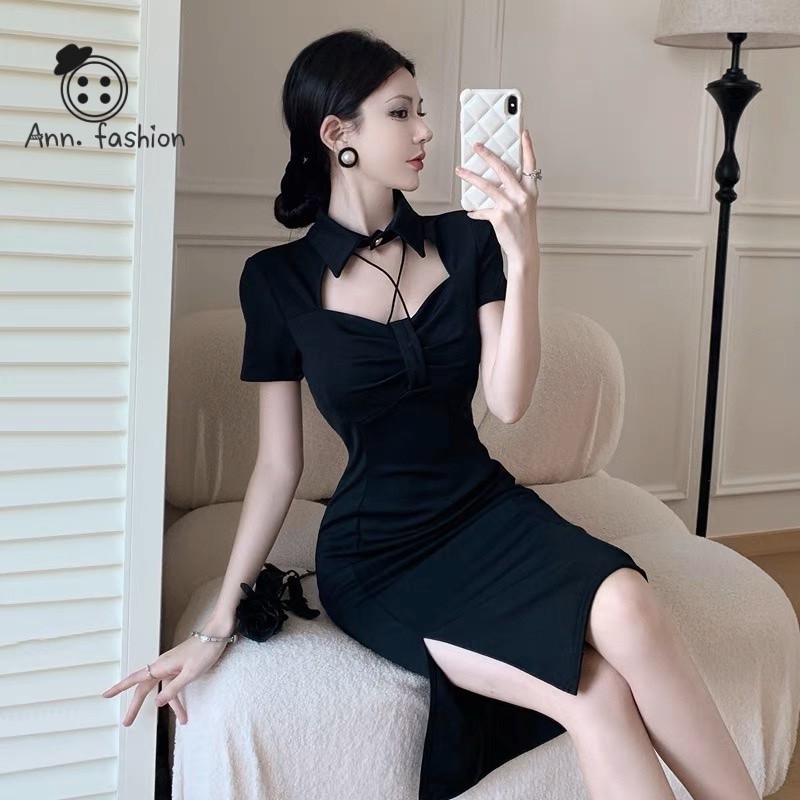 Ann.Fashion เดรสกระโปรง แขนสั้น ผ่าข้างซ้าย แต่งลายไขว้ตรงอก ทรงคอปก เซ็กซี่ เรียบหรู #9311