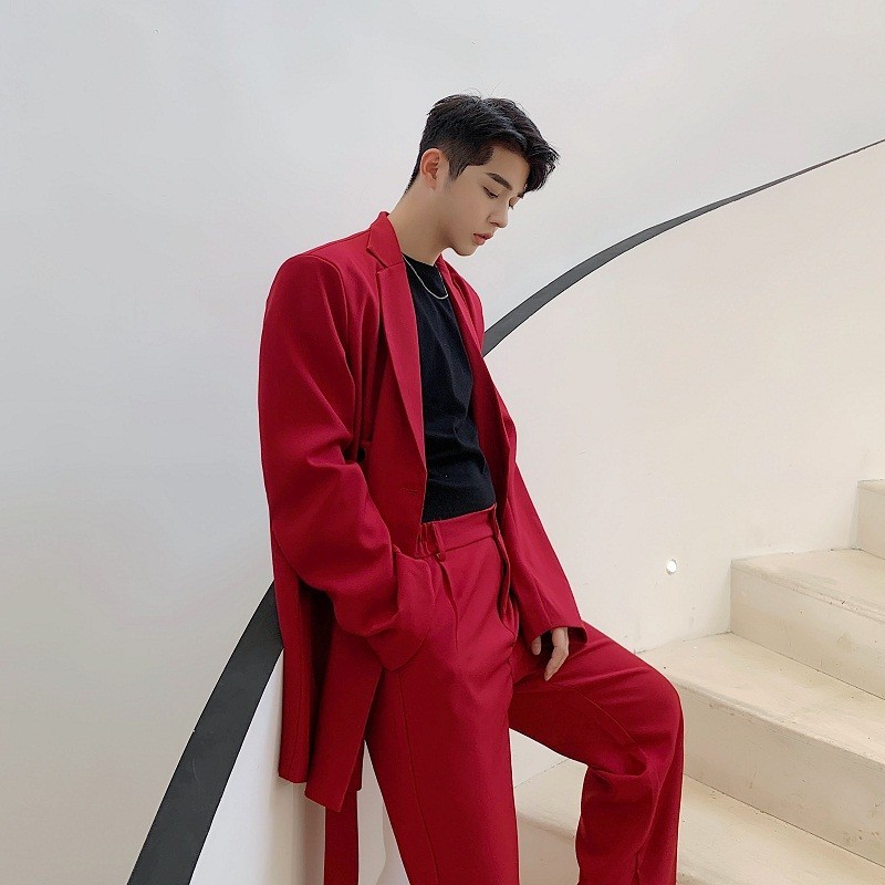เสื้อแจ็กเก็ตสูทลําลอง แต่งระบาย สีแดง แฟชั่นฤดูใบไม้ผลิ และฤดูใบไม้ร่วง สไตล์สตรีท สําหรับผู้ชาย 2024