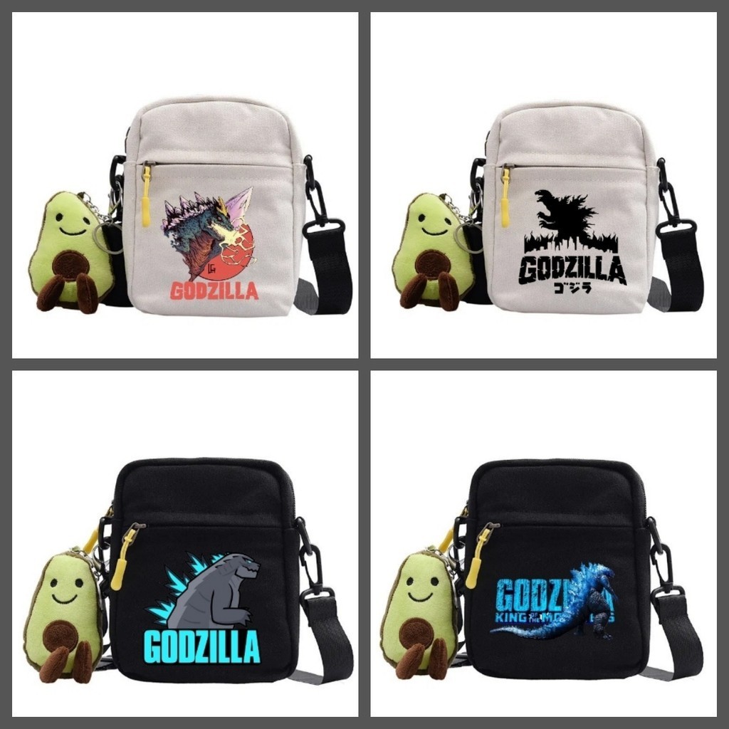 กระเป๋าสะพายไหล่ ผ้าแคนวาส ระบายอากาศได้ดี ลายการ์ตูนอนิเมะ Godzilla สําหรับผู้ชาย และผู้หญิง