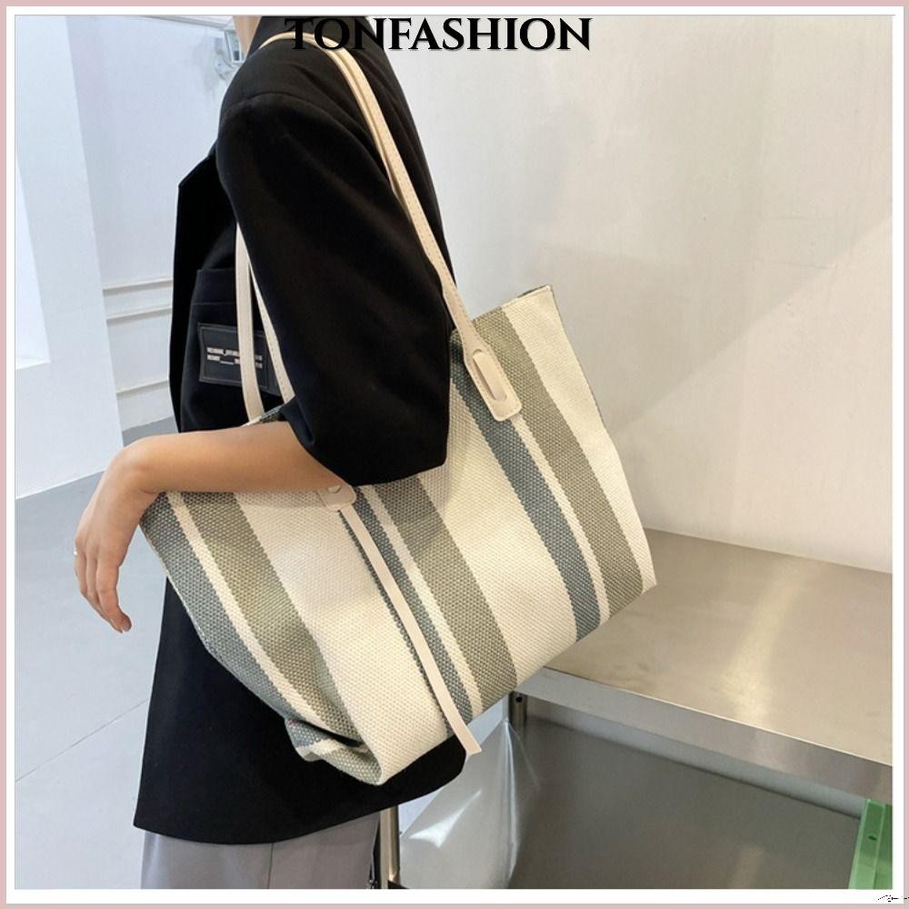 Tonfashion กระเป๋าถือ กระเป๋าสะพายไหล่ ผ้าแคนวาส ลายทาง ความจุขนาดใหญ่ แฟชั่นสําหรับสตรี