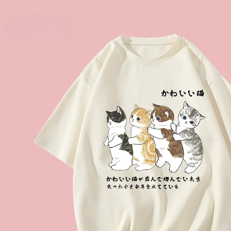 เกาหลี เสื้อแบบดารา เสื้อยืดแขนสั้น CMDXY0047 ผู้ชาย ผู้หญิง ลายทาง ตัวอักษร หลวม ลายสกรีน ฤดูร้อน ฤดูใบไม้ผลิ
