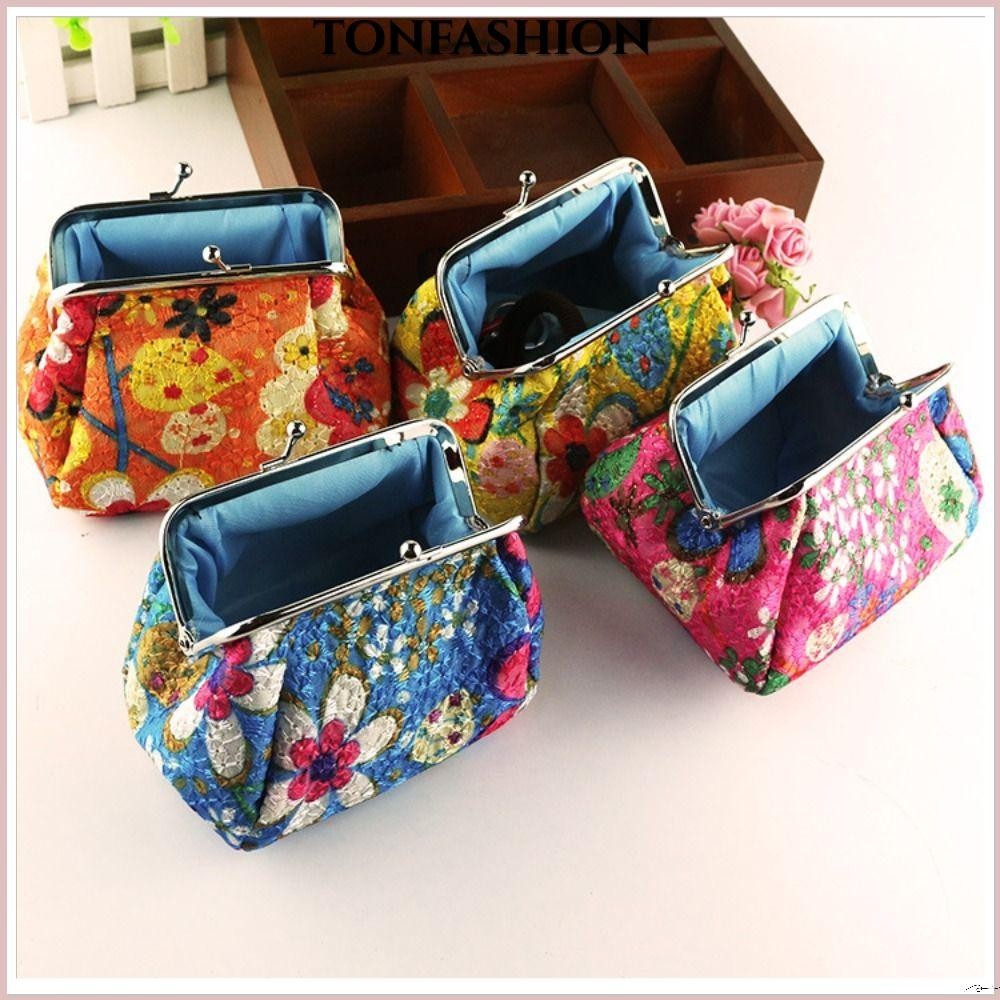 Tonfashion กระเป๋าใส่เหรียญ ลายดอกไม้ พร้อมตะขอโลหะ พกพาสะดวก สําหรับผู้หญิง