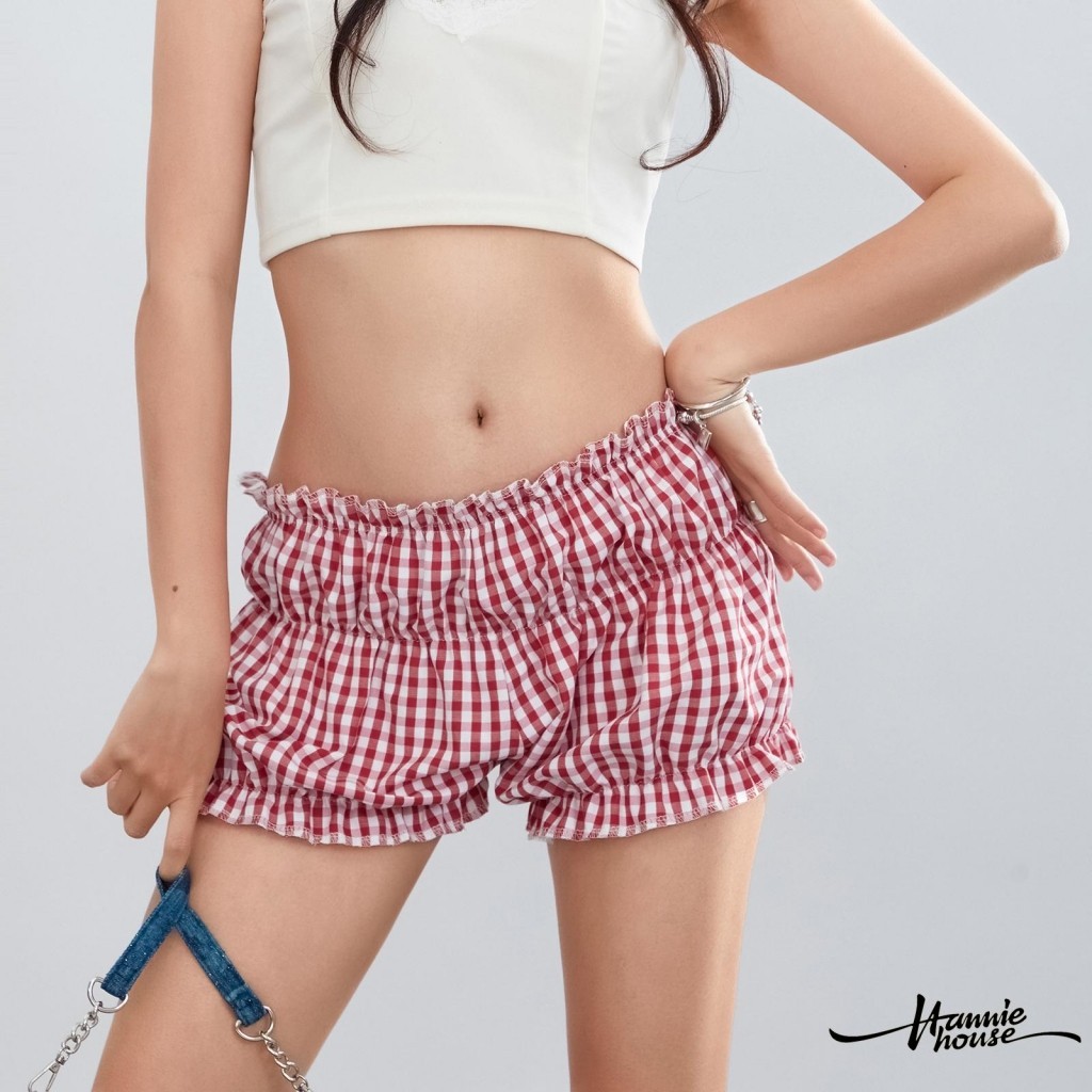 Hannie- กางเกงขาสั้น เอวยางยืด ลายสก๊อต สําหรับผู้หญิง