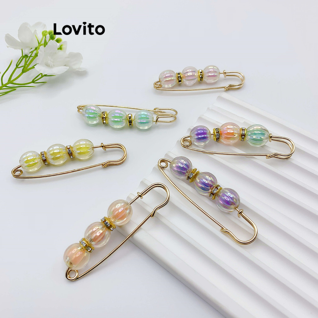 Lovito เข็มกลัดผู้หญิง แต่งลูกปัด ไรน์สโตน สีพื้น สไตล์ลำลอง LFA17335