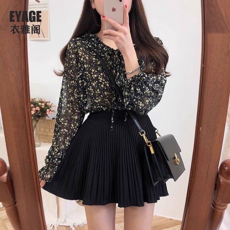 Xiao2 เสื้อเชิ้ตแขนยาว ผ้าชีฟอง ลายดอกไม้ สไตล์เกาหลี สี่ขนาด 53BM