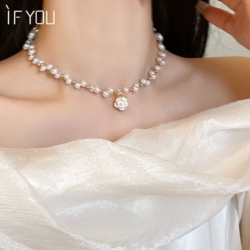 สร้อยคอโชคเกอร์ ประดับไข่มุก ดอกคามิเลีย หรูหรา เครื่องประดับ สําหรับผู้หญิง