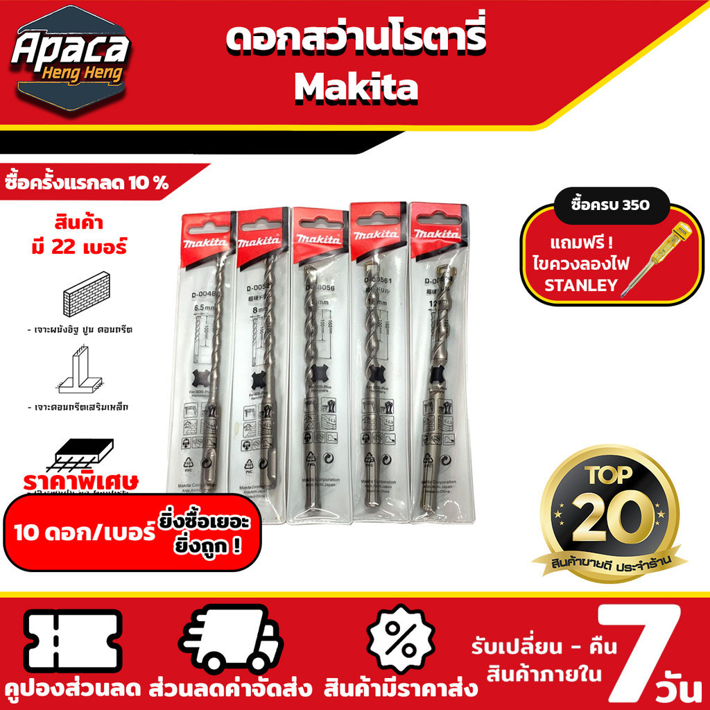 (พิเศษ ราคาส่ง เฉพาะ 10 ดอก)ดอกดอกสว่านเจาะปูน ดอกสว่านโรตารี่มี 22 เบอร์ 5X110 - 20X210 มีรับประกันเปลี่ยนสินค้า MAKITA