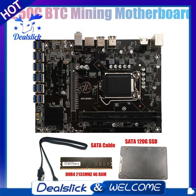【Dealslick】B250C Btc เมนบอร์ดขุดเหมือง พร้อมแรม DDR4 4GB 2133MHZ และ 120G SSD สายเคเบิล 12XPCIE เป็นช่องเสียบการ์ด USB3.0 LGA1151 สําหรับ BTC