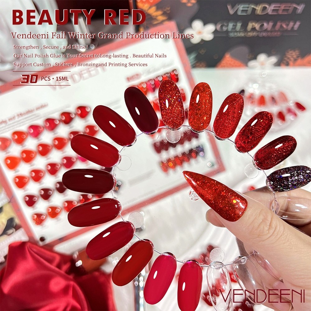 VDN สีเจลโทนแดง ยาทาเล็บเจล มีให้เลือก 30 สี ขวดกลมเงิน VENDEENI - Beauty red 15 ml - wenails