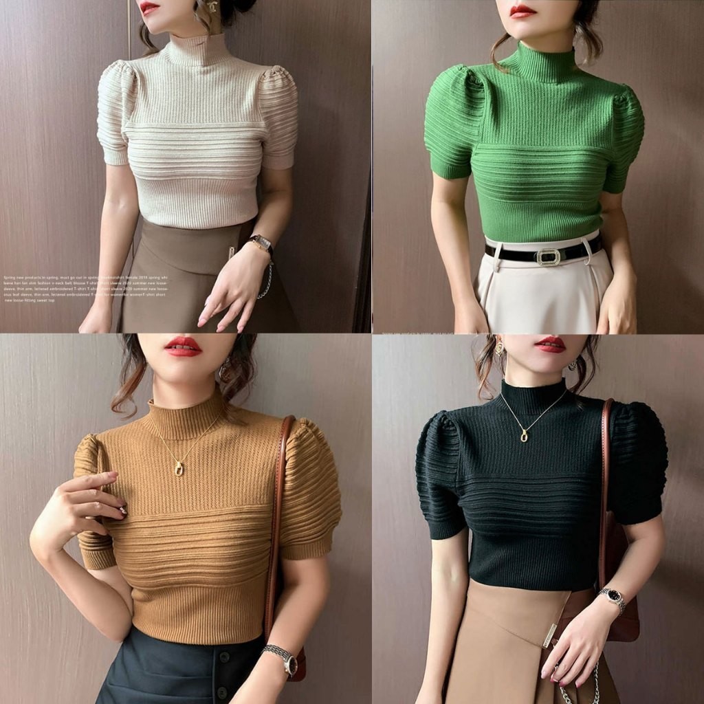 Grace&Chill 907 เสื้อไหมพรมแขนสั้น เสื้อแฟชั่นไหมพรม คอปีนแขนสั้นตุ๊กตา