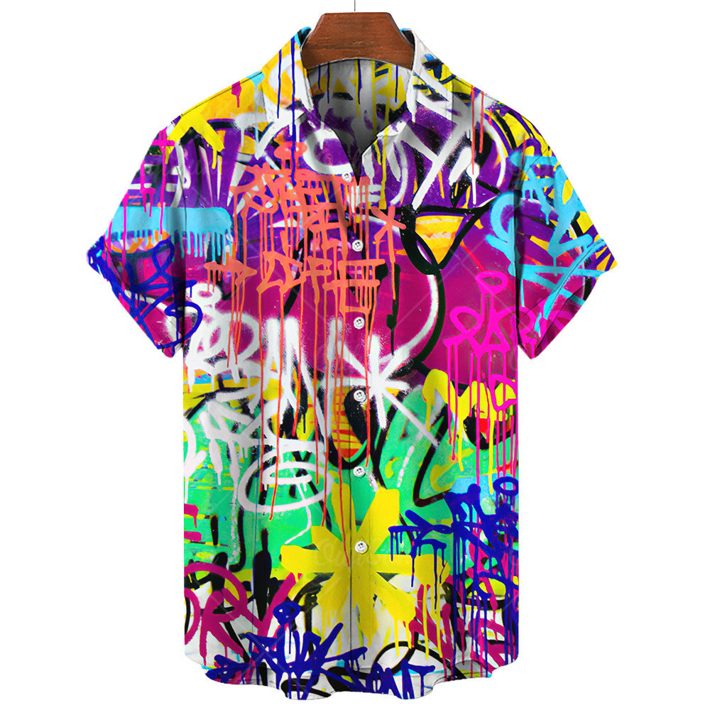 เสื้อเชิ้ตแขนสั้น พิมพ์ลายกราฟฟิติ 3 มิติ ทรงหลวม สไตล์ฮาวาย ยุโรป สําหรับผู้ชาย และผู้หญิง ไซซ์ 5xl 2024