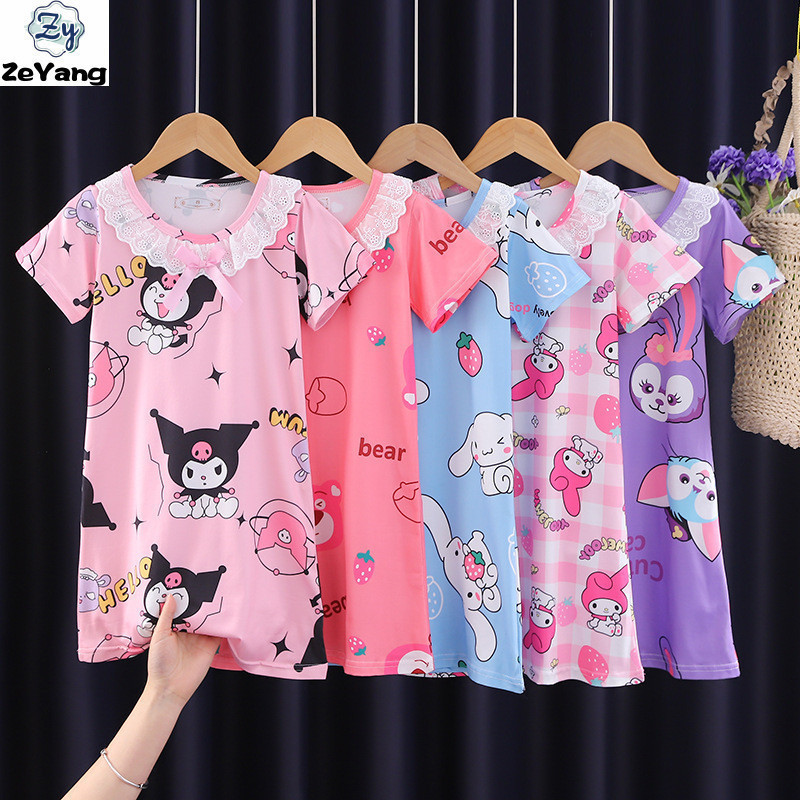 [ZY] พร้อมส่ง ชุดเดรสกระโปรงยาว แขนสั้น ลายการ์ตูนเจ้าหญิงน่ารัก 95-155 ซม. สําหรับเด็กผู้หญิง