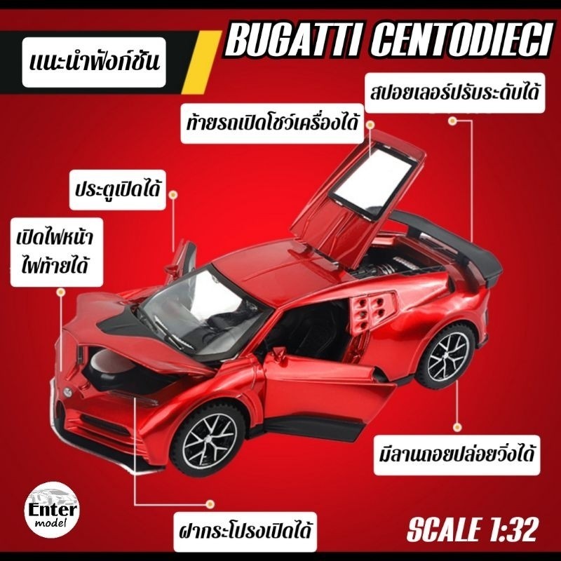 โมเดลเหล็ก โมเดลรถ​เหล็ก​ BUGATTI ​CENTODIECI [มีเสียงมีไฟ มี​กล่อง พร้อมส่ง🇹🇭] ยาว15cm สเกล1:32 ใหม