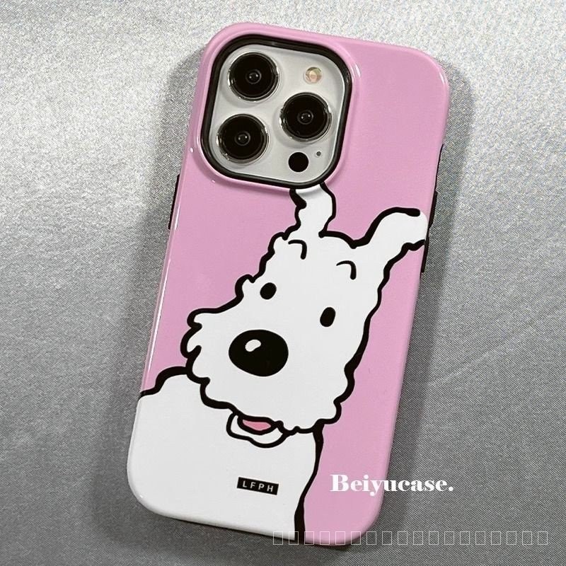 เคสโทรศัพท์มือถือ ฟิล์มสองชั้น ลายการ์ตูนสุนัข สีขาว สําหรับ iPhone14 15 14plus 13 12 11 15promax 7 8plus X XS XRXSMAX