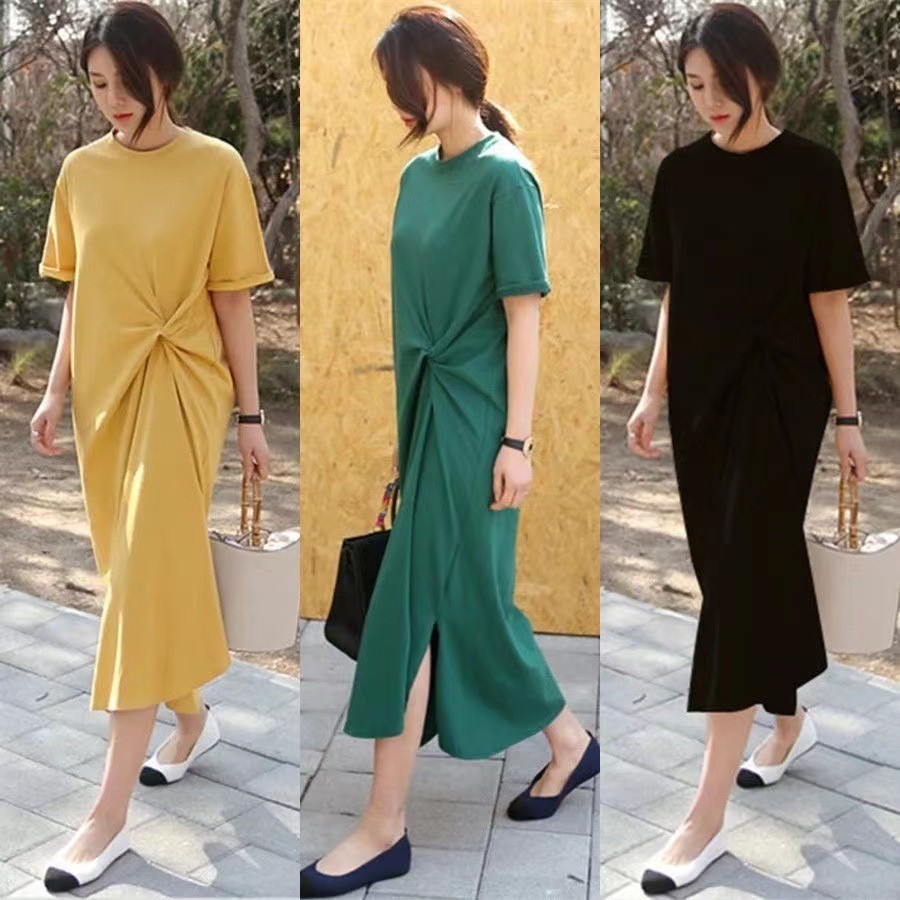COCO  ชุดเดรส คอกลมตัวยาวแขนสั้นผ้ายืดเนื้อดี สีสวย รุ่น WT16