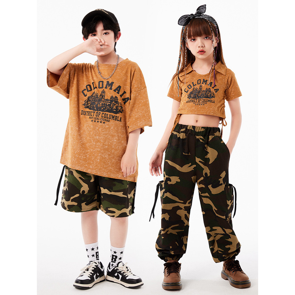 เสื้อครอปท็อปแขนสั้น ผ้าฝ้าย ลายพราง สไตล์ฮิปฮอป สําหรับเด็กผู้หญิง อายุ 3-14 ปี